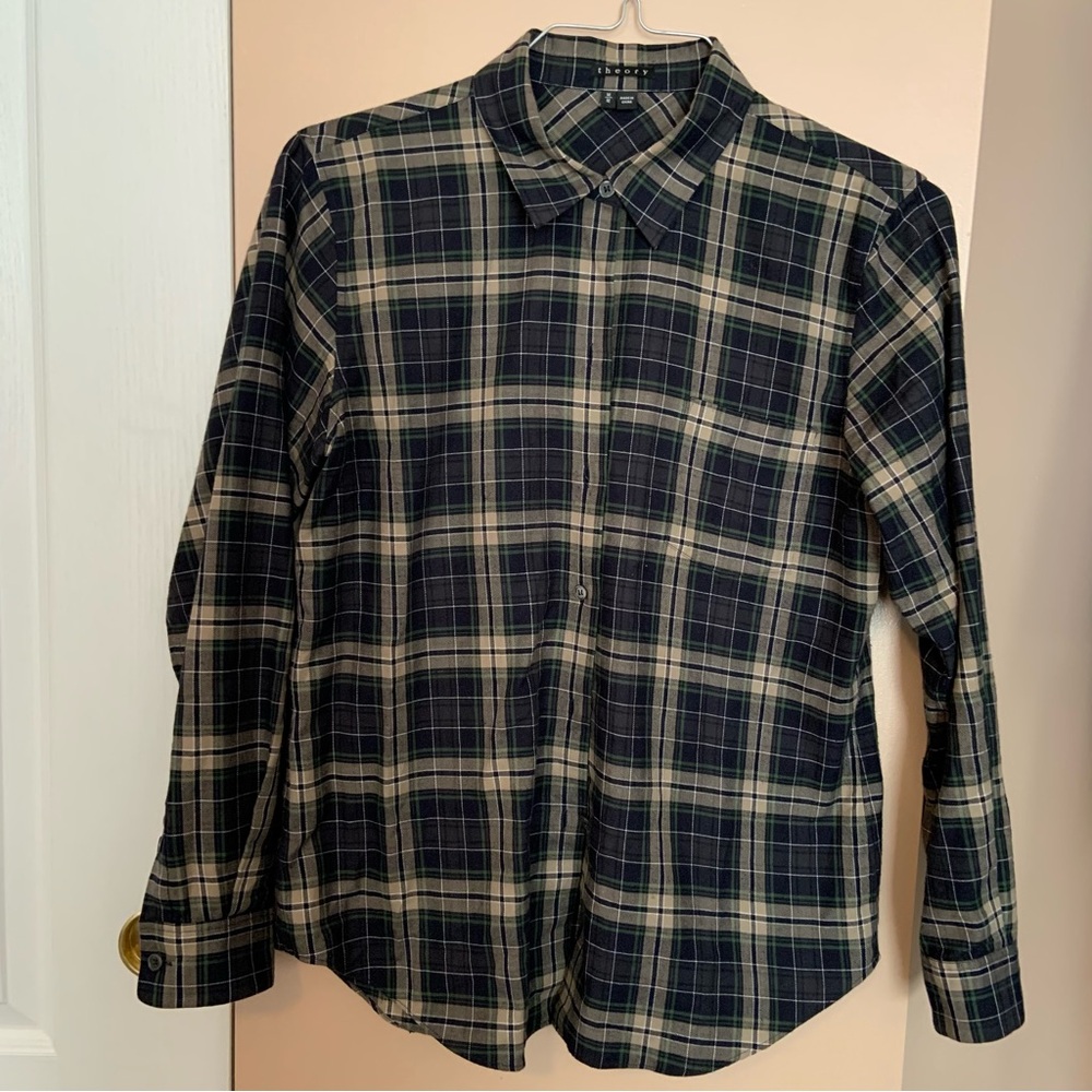 Theory Navy and Cream Plaid Button-Down Shirt